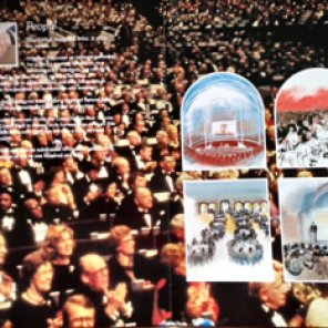 Inside of brochure showing Anugraha filled with people, and displaying its suitability as a conference centre